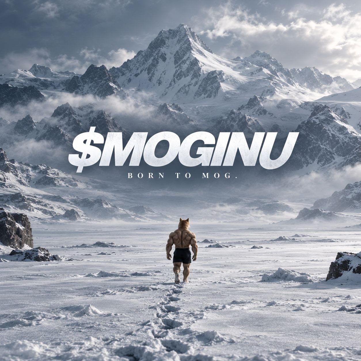 Mog Inu walking into snowy mountains beneath the words $MOGINU, born to mog.