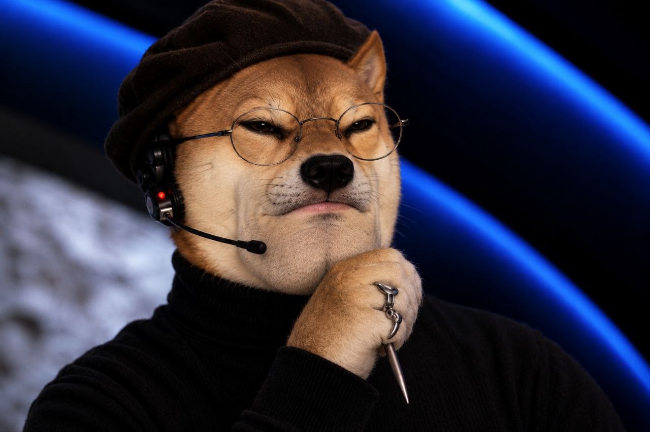 Mog Inu in a beret, glasses and headset, thinking.