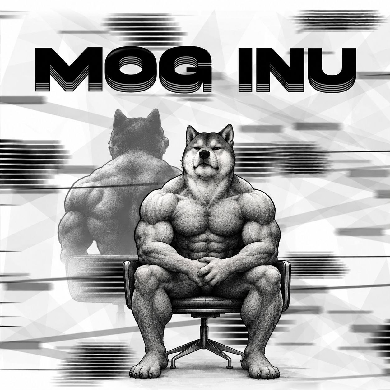 Pencil sketch of a very muscular Mog Inu sitting calmly in an office chair.