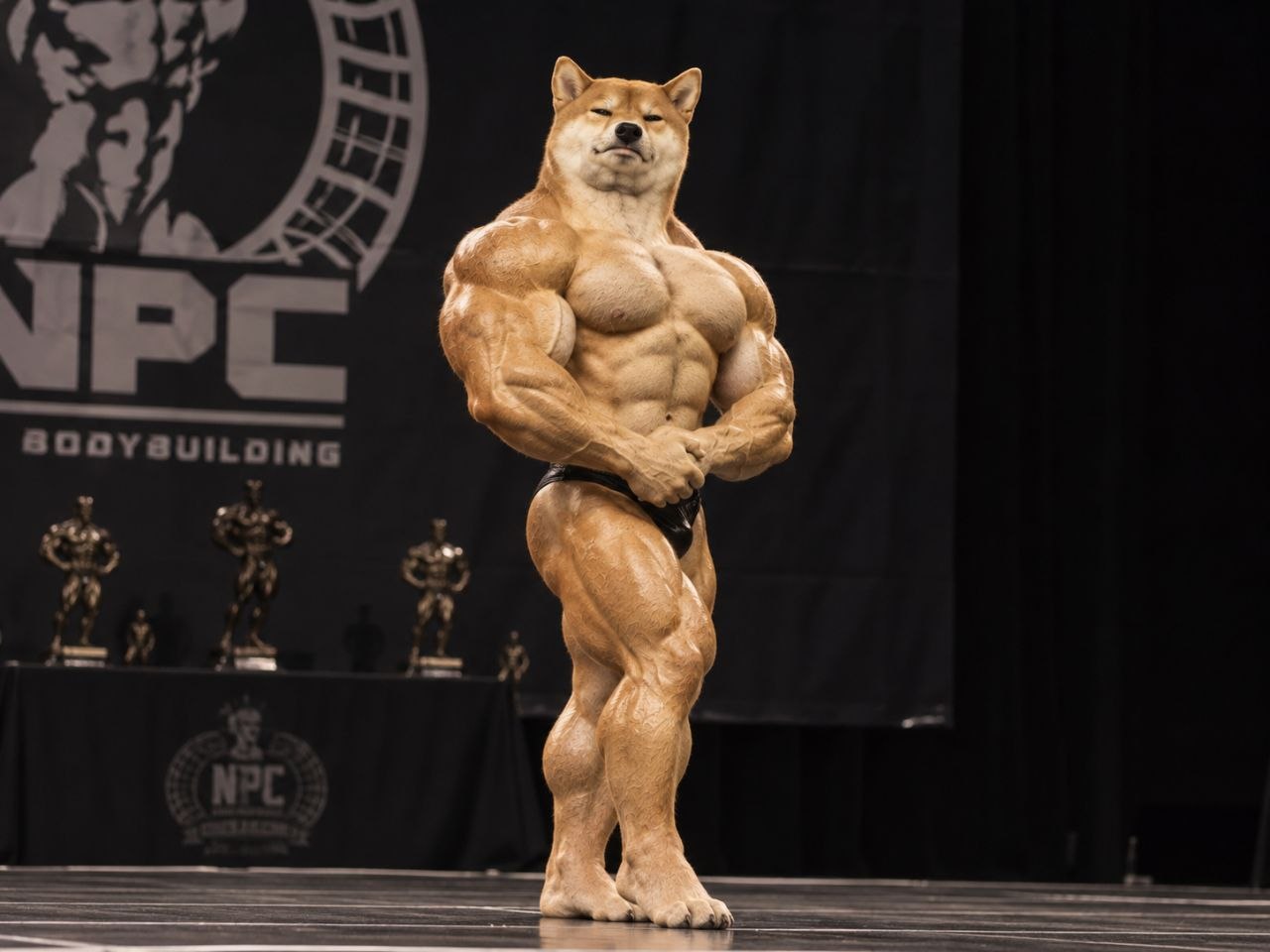 Mog Inu posing on a bodybuilding stage.