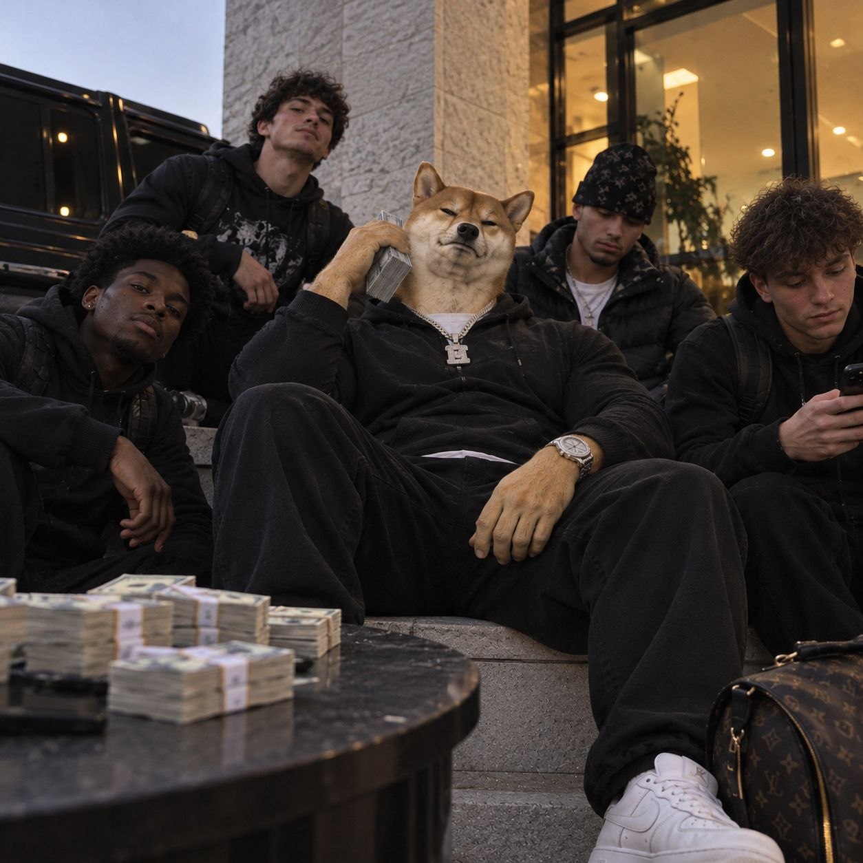 Mog Inu lounging on steps with friends and stacks of cash.